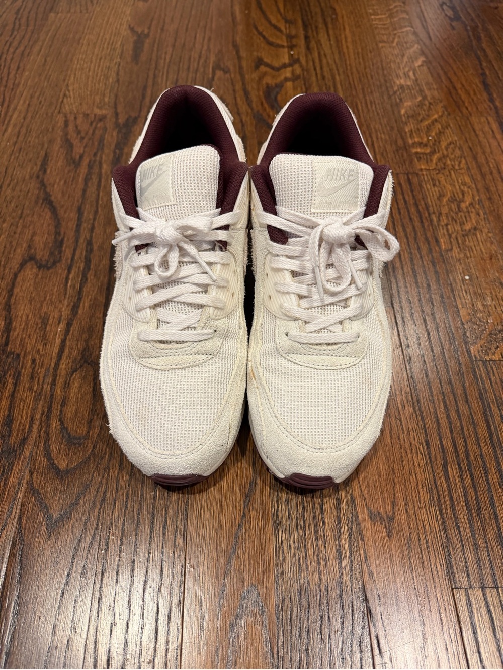 Nike Air Max. Cream with burgundy trim and suede trim.